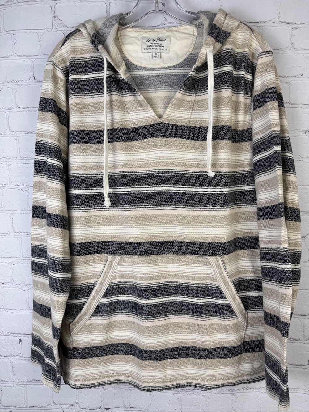 LUCKY BRAND striped v-neck baja soft cotton lightweight hoodie, size M